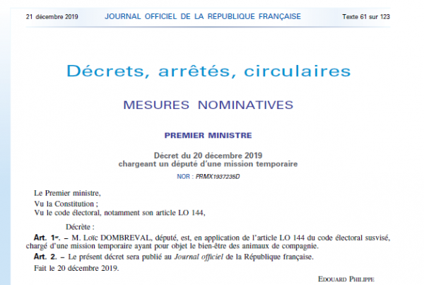 Décret du 20 décembre 2019 chargeant un député d'une mission temporaire en faveur du bien-être des animaux de compagnie